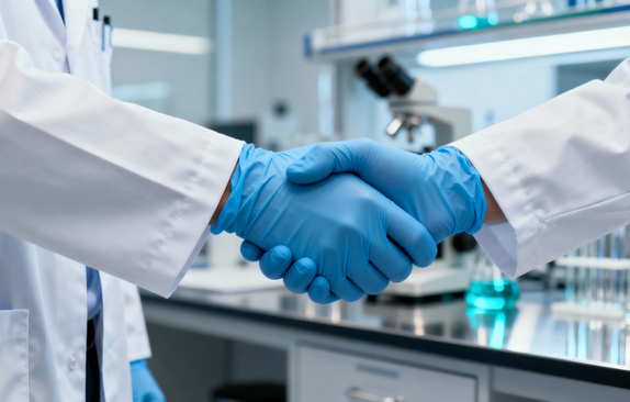 Close up handshake between medical professionals in white lab coats symbolizing partnership and cooperation in modern clinical laboratory