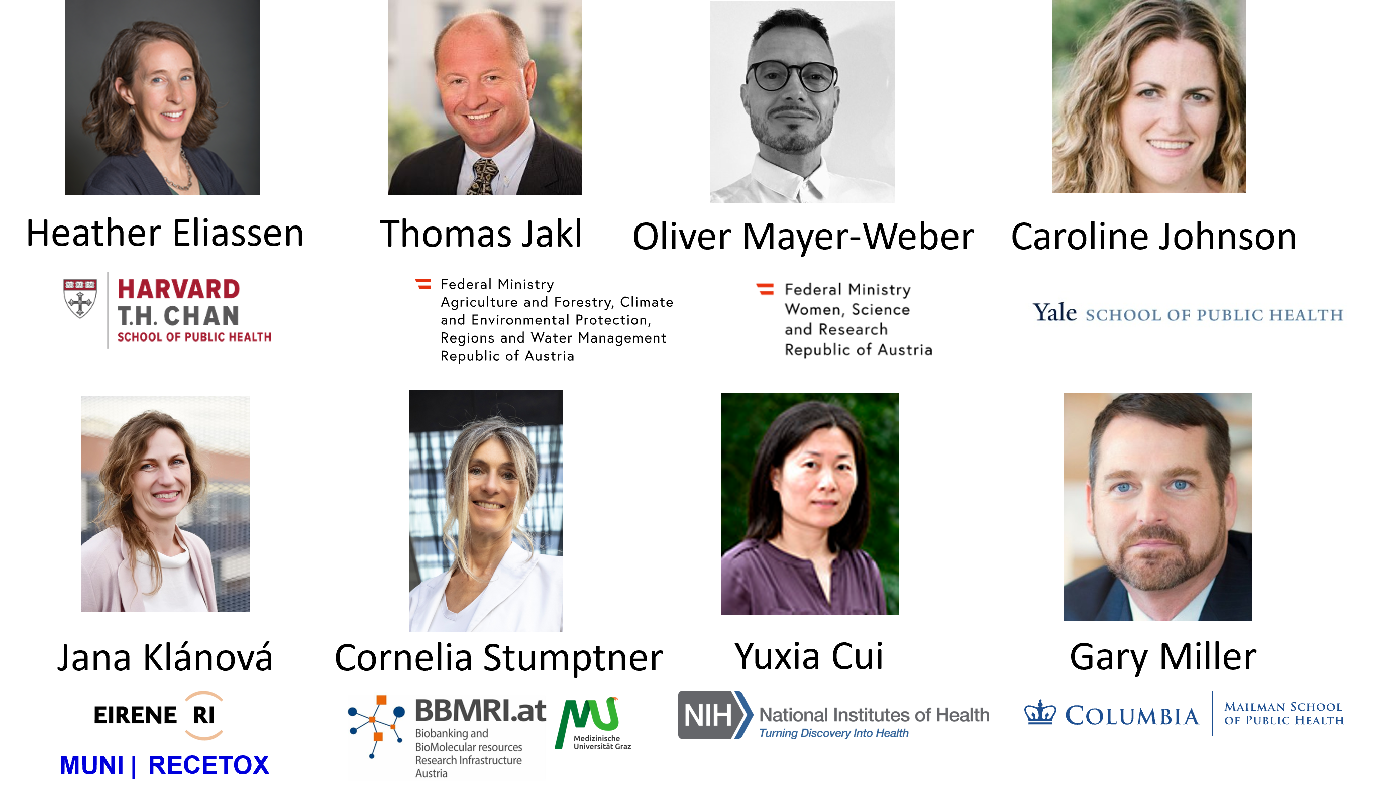 Members of the Scientific and Strategic Advisory Board of the RI Exposome Austria and the logos of their home institutions: Heather Eliassen-Harvard TH CHAN, School of Public Health; Thomas Jakl-Federal Ministry of Climate; Oliver Mayer-Weber-Federal Ministry of Women; Caroline Johnson-YALE School of Public Health; Jana Klánová-RECETOX MUNI; Cornelia Stumptner-BBMRI-ERIC, Med.University Graz; Yuxia Cui-Columbia University, Gary Miller-Columbia University